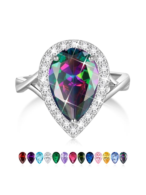 Women Pear Shape Ring Silver Plated Halo Teardrop Rainbow Mystic Topaz Ring Jewelry Christmas Valentines Mother's Day Gift for Wife/Grandma