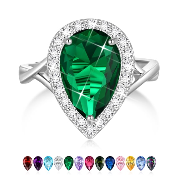 Juwaliy Women Pear Shape Rings Silver Plated Halo Teardrop Emerald Green May Birthstone Ring Jewelry Birthday Christmas Grandma Mother's Day Gift