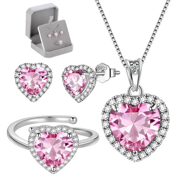 Juwaliy Women Pink Heart Jewelry Set Necklace Earrings Ring Tourmaline October Birthstone 925 Sterling Silver Mom Birthday Christmas Valentine's Day Gift