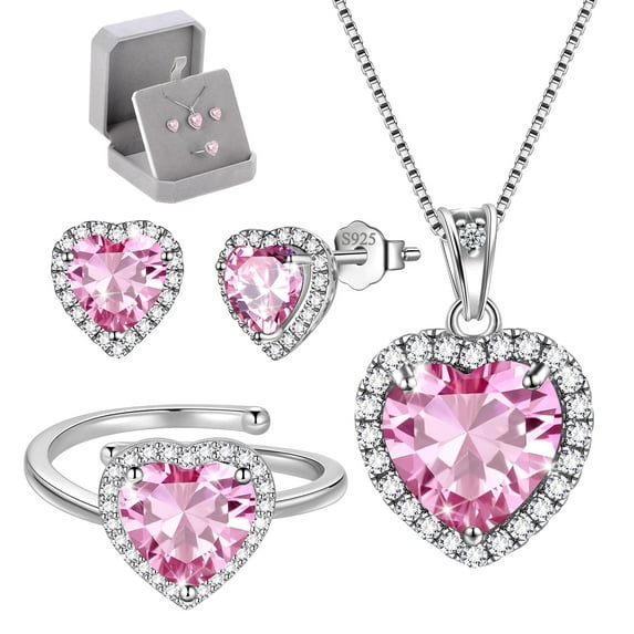 Juwaliy Women Pink Heart Jewelry Set Necklace Earrings Ring Tourmaline October Birthstone 925 Sterling Silver Mom Birthday Christmas Valentine's Day Gift