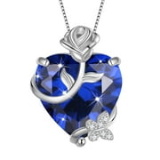 Juwaliy 15MM Women Rose Heart Necklace September Birthstone 925 Sterling Silver Flower Butterfly Pendant Blue Sapphire Jewelry Birthday Mother's Day Gift