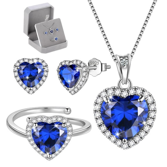 Juwaliy Women Sapphire Heart Jewelry Set Necklace Earrings Ring September Birthstone Jewelry Set 925 Sterling Silver Birthday Mother's Day Gift