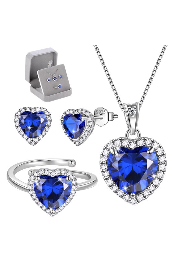 Women Sapphire Heart Jewelry Set Necklace Earrings Ring September Birthstone Jewelry Set 925 Sterling Silver Birthday Mother's Day Gift