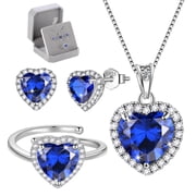 Women Sapphire Heart Jewelry Set Necklace Earrings Ring September Birthstone Jewelry Set 925 Sterling Silver Birthday Mother's Day Gift