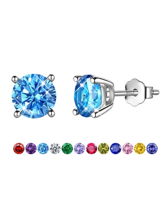 Women Stud Earrings March Birthstone Aquamarine 925 Sterling Silver Blue Crystal Earrings Jewelry Mother Birthday Valentine's Day Gift for Her