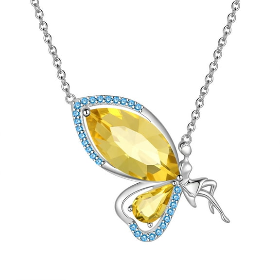 Juwaliy Yellow Butterfly Fairy Necklace Women November Birthstone Necklace Citrine 925 Sterling Silver Jewelry Christmas Birthday Gifts for Daughter