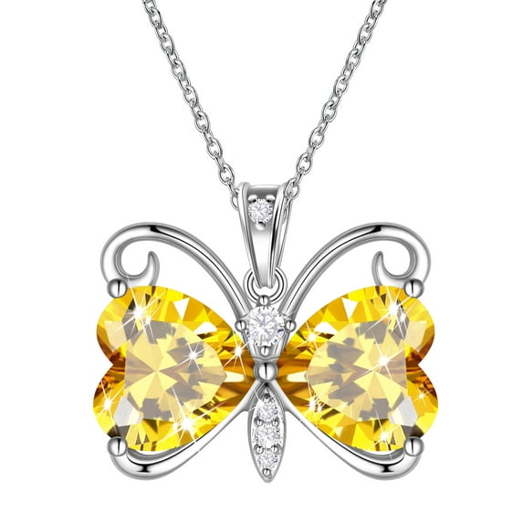 Juwaliy Yellow Butterfly Necklace Heart November Birthstone Necklace Citrine Silver Plated Pendant Jewelry Women Mother Wife Christmas Birthday Gift