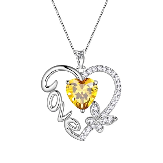 Juwaliy Yellow Love Heart Necklace Butterfly November Birthstone Necklace Citrine 925 Sterling Silver Pendant Jewelry Women Christmas Birthday Gifts for Mother