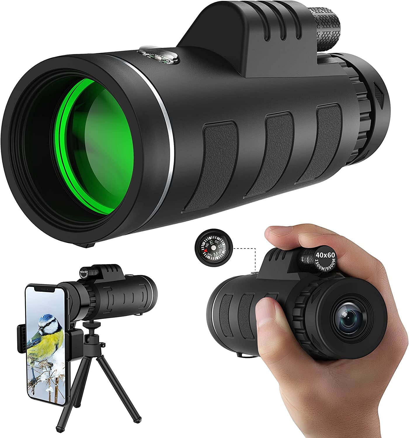 Juyafio 40x60 HD Monocular Telescope for Smartphone with Holder & Tripod,Waterproof Monocular for Day and Night, Perfect for Bird Watching, Wildlife Hunting, Hiking, Travelling,0.5lb