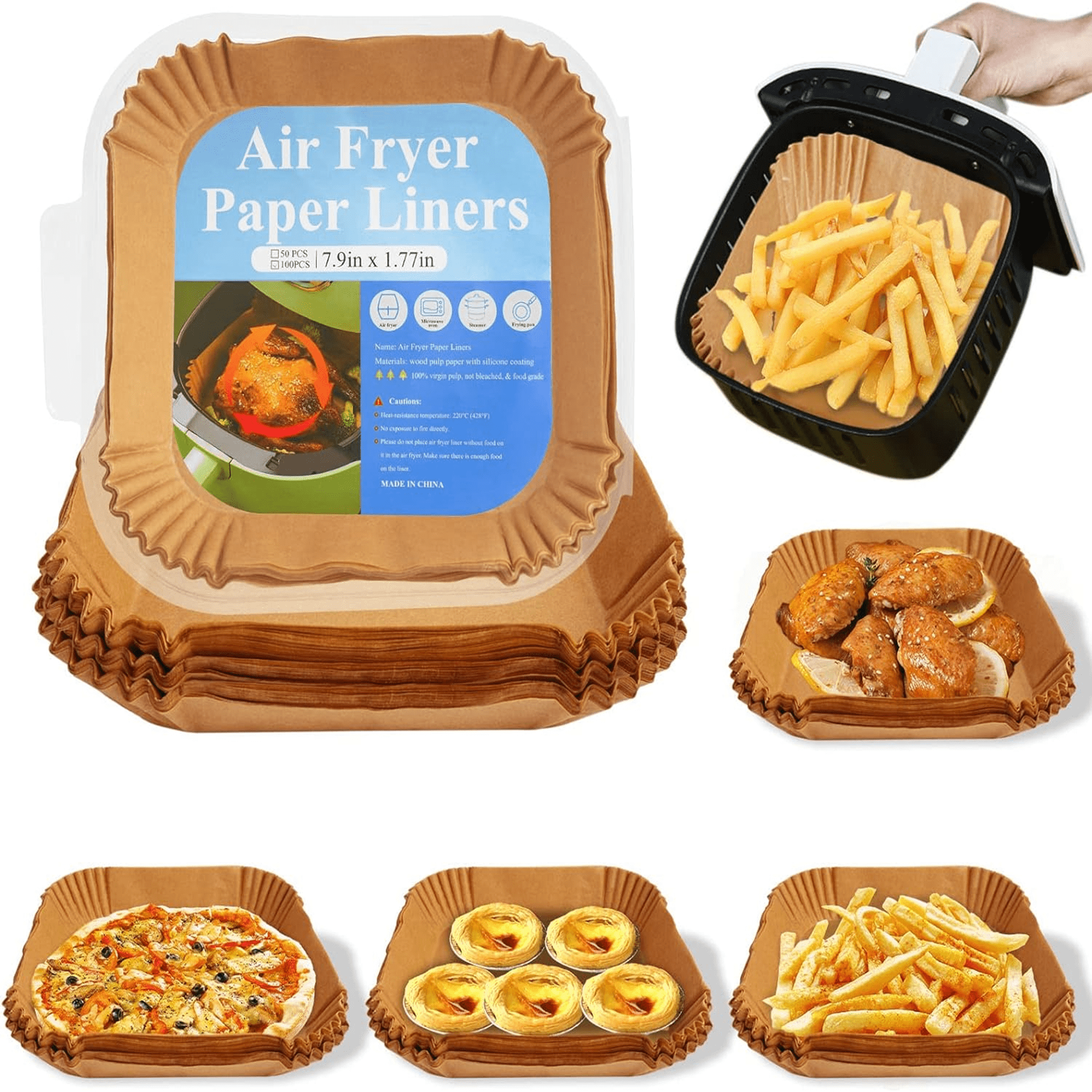 Juyafio Air Fryer Liners Square,100 Pcs 7.9 inch Non-stick and Waterproof Disposable Parchment Paper for Frying,Baking,Cooking,Roasting