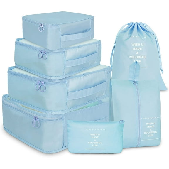 Juyafio Packing Cubes for Travel 7 Pcs Foldable Travel Cubes Set Lightweight Luggage Organizers(Blue)