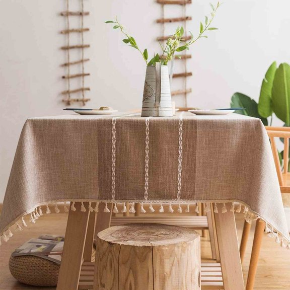 Juyafio Rectangle Tablecloth Tassel Cotton Linen Table Cover Dust-Proof Washable for Party Kitchen Dinning
