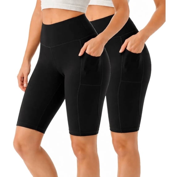 Jvini 2 Pack Women's High Waist Active Biker Shorts With Pockets Tummy Control Knee Length Bike Shorts Size S-3XL