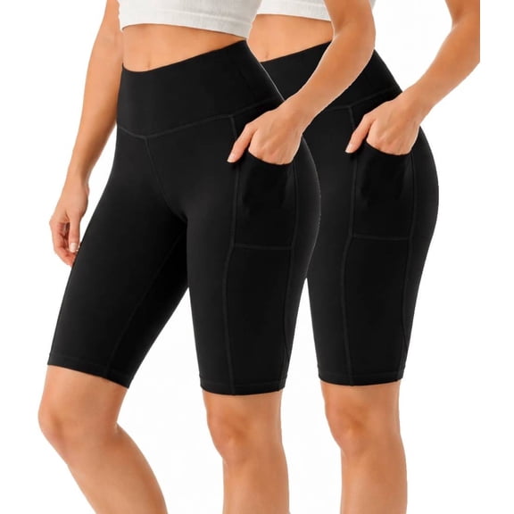 Jvini 2 Pack Women's High Waist Active Biker Shorts With Pockets Tummy Control Knee Length Bike Shorts Size S- 3XL
