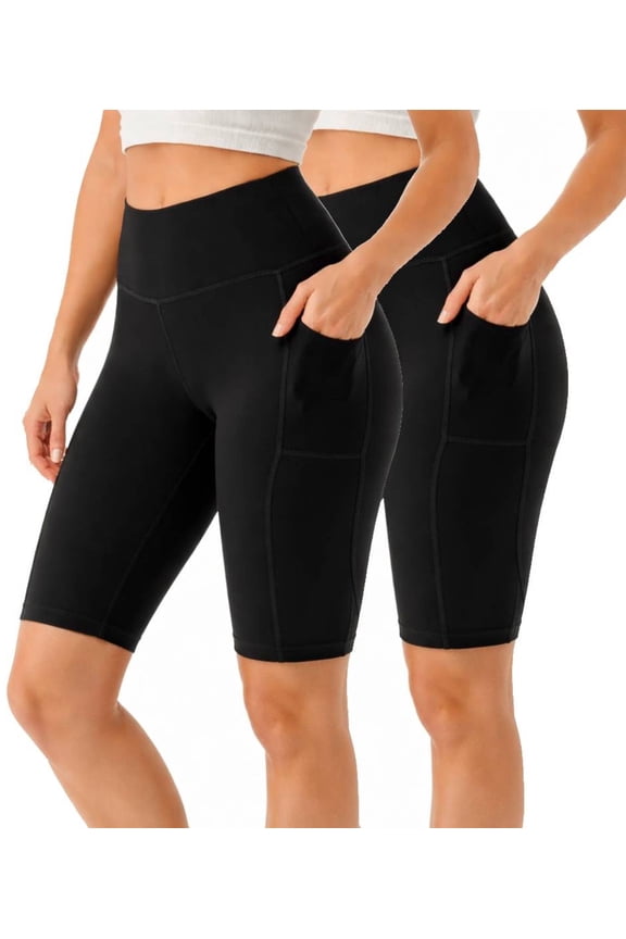 2 Pack Women's High Waist Active Biker Shorts With Pockets Tummy Control Knee Length Bike Shorts Size S- 3XL