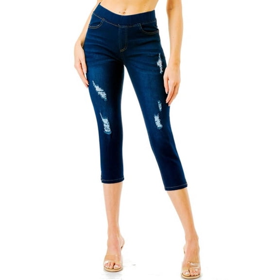 Jvini High rise Cotton Blend Dark Blue-Ripped Capris (Women's S)