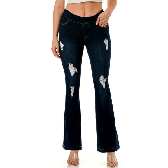 Jvini Women's Flare Jeans Pull-On Flared Leg Denim Regular Length Fitted Dark Indigo Wash