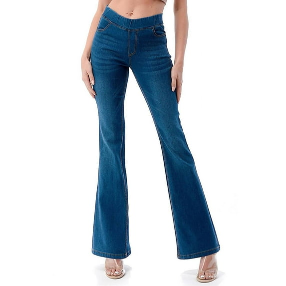 Jvini Women's Flare Jeans Pull-On High Waisted Stretch Denim Jeggings Medium Blue Wash 31" Inseam