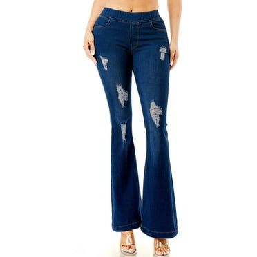 Jvini Women's Flare Jeans Pull-On Ripped Distressed  Denim Jean Fitted Dark Indigo Wash 31" Inseam