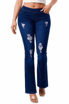 Women's Flare Jeans Pull-On Ripped Distressed Denim Jean Fitted Dark Indigo Wash 31" Inseam