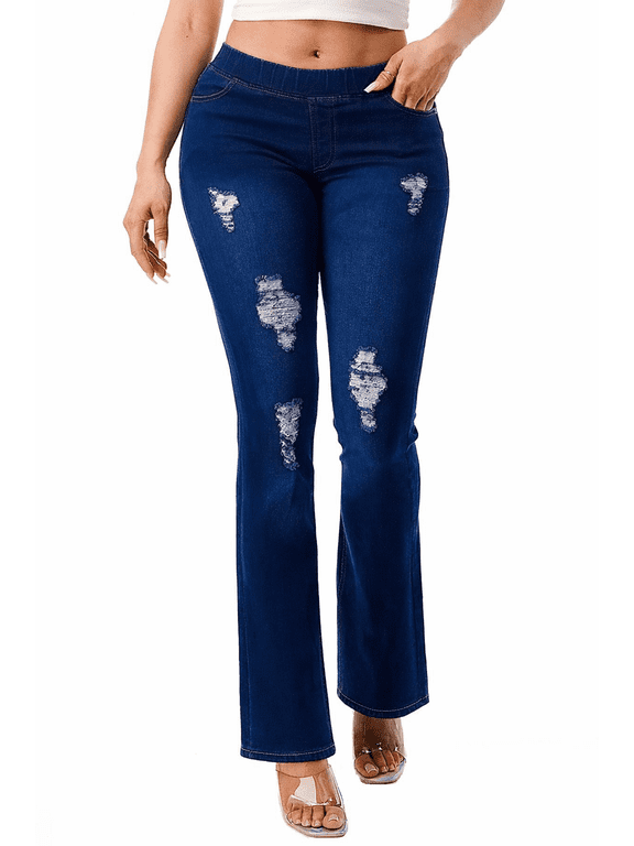 Women's Flare Jeans Pull-On Ripped Distressed Denim Jean Fitted Dark Indigo Wash 31" Inseam
