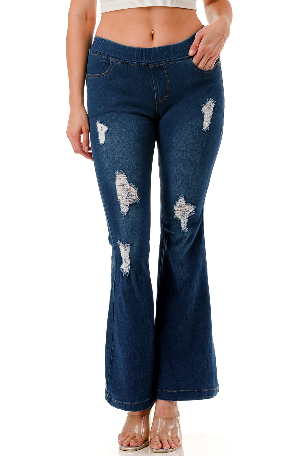 Women's Flare Jeans Pull-On Ripped Distressed Flared Denim Fitted Regular Length Medium Blue Wash