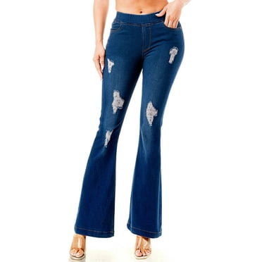 Jvini Women's Flare Jeans Pull-On Ripped Distressed Flared Denim Fitted Regular Length Medium Blue Wash