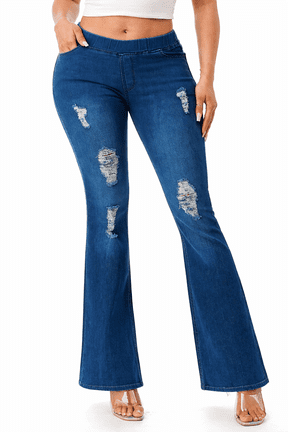 Women's Flare Jeans Pull-On  Distressed Flared Denim Jeggings Fitted 31" Inseam  Medium Blue