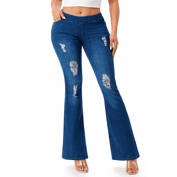 Jvini Women's Flare Jeans Pull-On Distressed Flared Denim Jeggings Fitted 31" Inseam Medium Blue