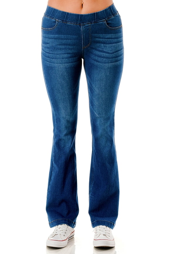 Women's Flare Jeans Pull-On Slimming High Waisted Flared Denim Jeggings Medium Blue Wash