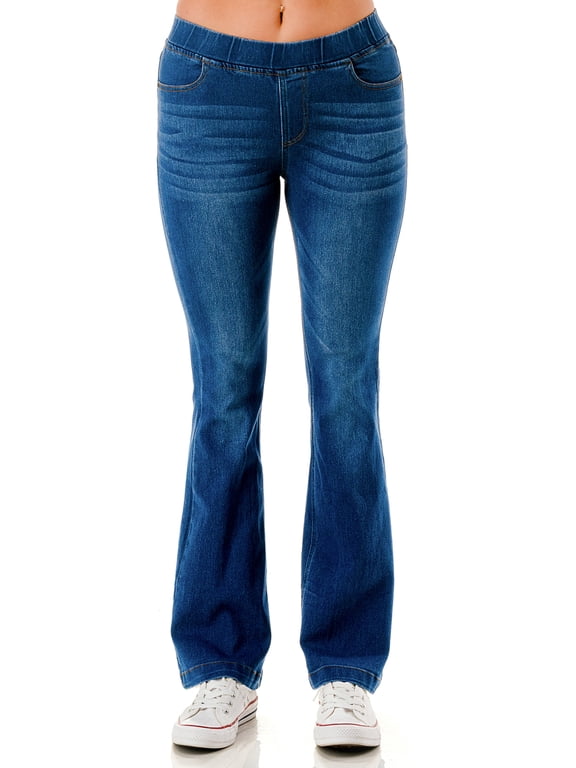 Women's Flare Jeans Pull-On Slimming High Waisted Flared Denim Jeggings Medium Blue Wash