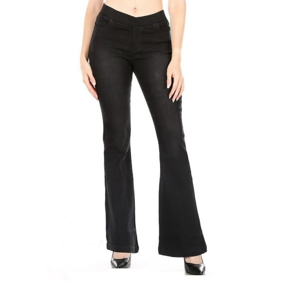Jvini Women's Flare Jeans Pull-On Slimming High Waisted Flared Leg Denim Washed Black Denim