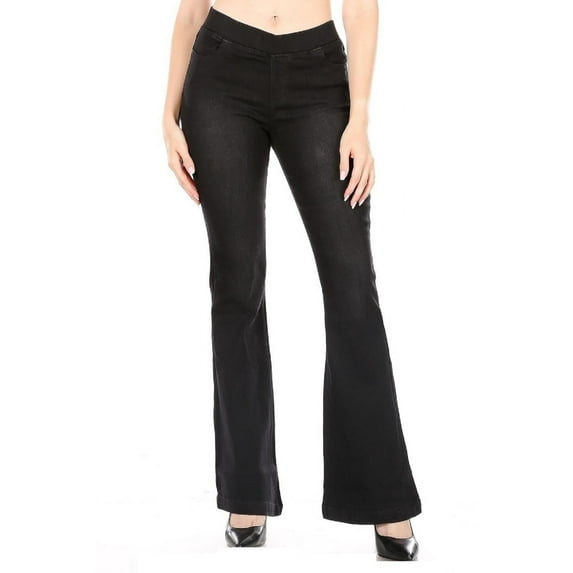 Jvini Women's Flare Jeans Pull-On Slimming High Waisted Flared Leg Denim Washed Black Denim