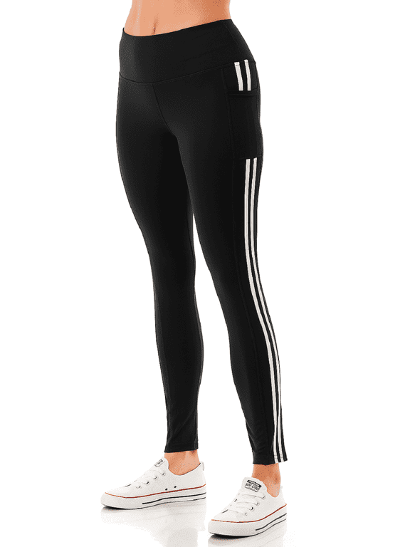Women's High Waisted Active Leggings With Side Stripe & Tech Pockets For Yoga Workout Running