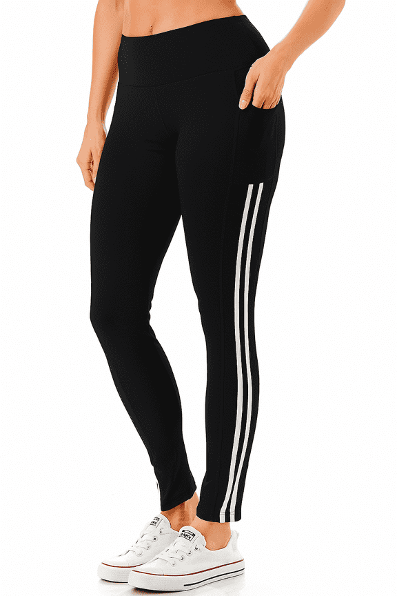 Women's High Waisted Active Leggings With Side Stripe & Tech Pockets For Yoga Workout Running