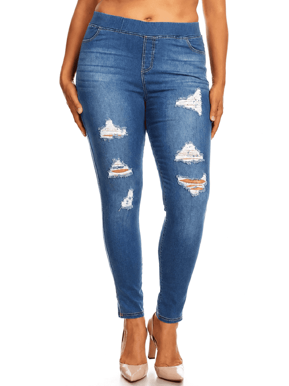 Women's Plus Size Pull On Denim Jeans With Pockets ,Comfort Elastic Waist ,Ripped ,29" Inseam ,16W-18W