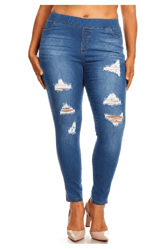 Women's Plus Size Pull On Denim Jeans With Pockets ,Comfort Elastic Waist ,Ripped ,High Rise 29" Inseam 18W-20W