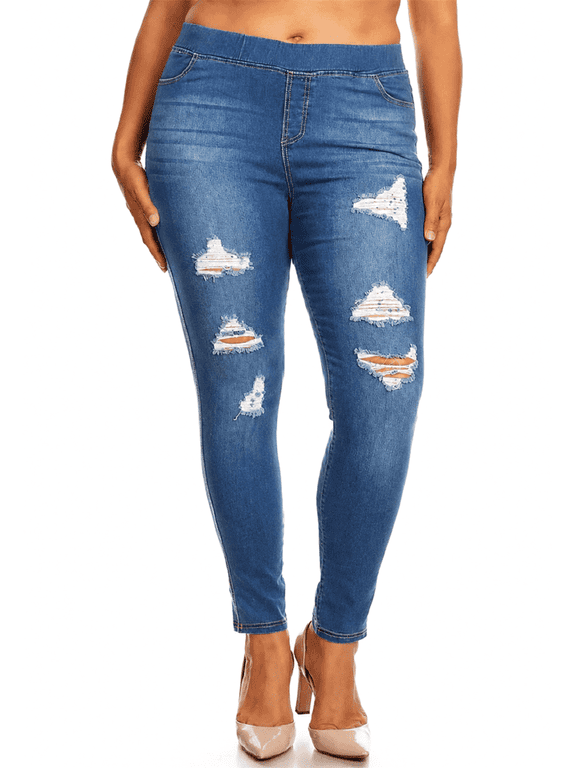 Women's Plus Size Pull On Denim Jeans With Pockets ,Stretch Jeggings Elastic Waist High Rise 29" Inseam 18W-20W