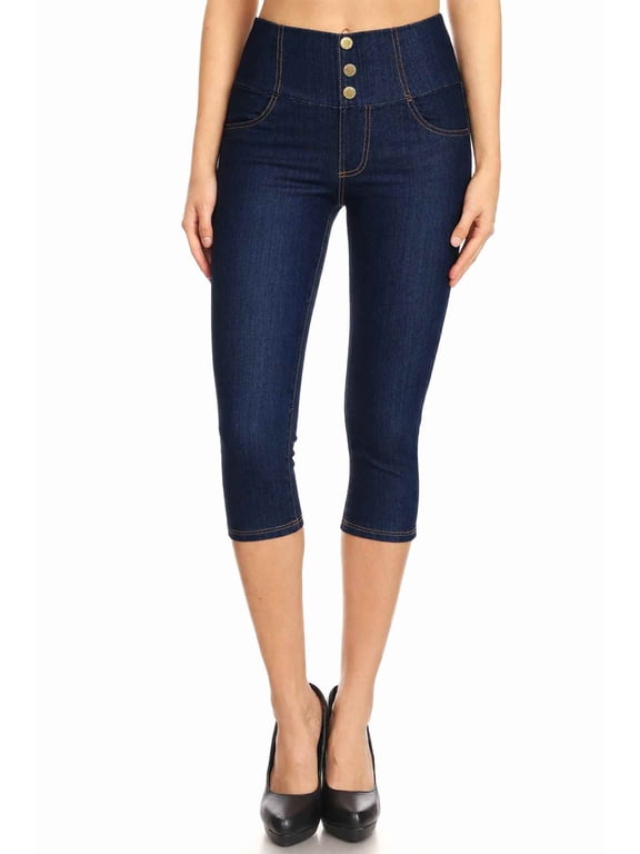 Women's Pull On Capri Pants Stretchy Knit Denim Capris Jeggings With Pockets Size S-3XL