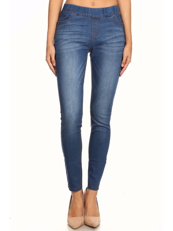 Women's Pull On Skinny Jeans Stretch Denim Jean Jeggings Regular Length Medium Blue Wash