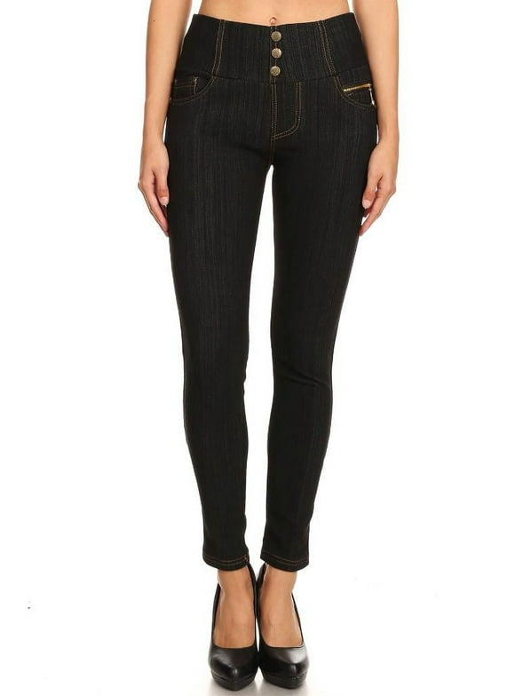 Women's Pull On Skinny Pants Fleece Lined Stretchy Knit Denim Jeggings With Pockets