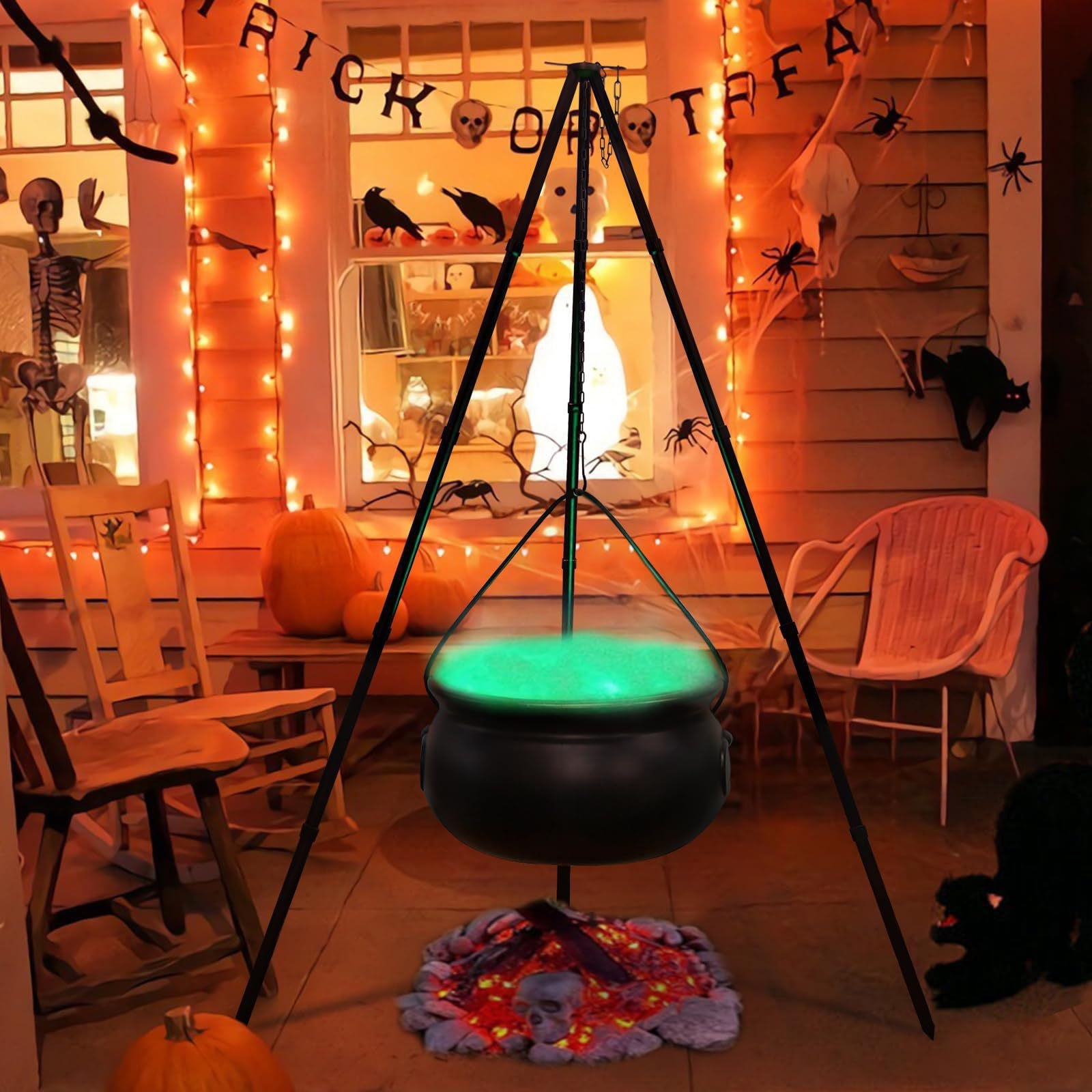 Black Plastic Halloween Cauldron with Green Lights and Metal Tripod