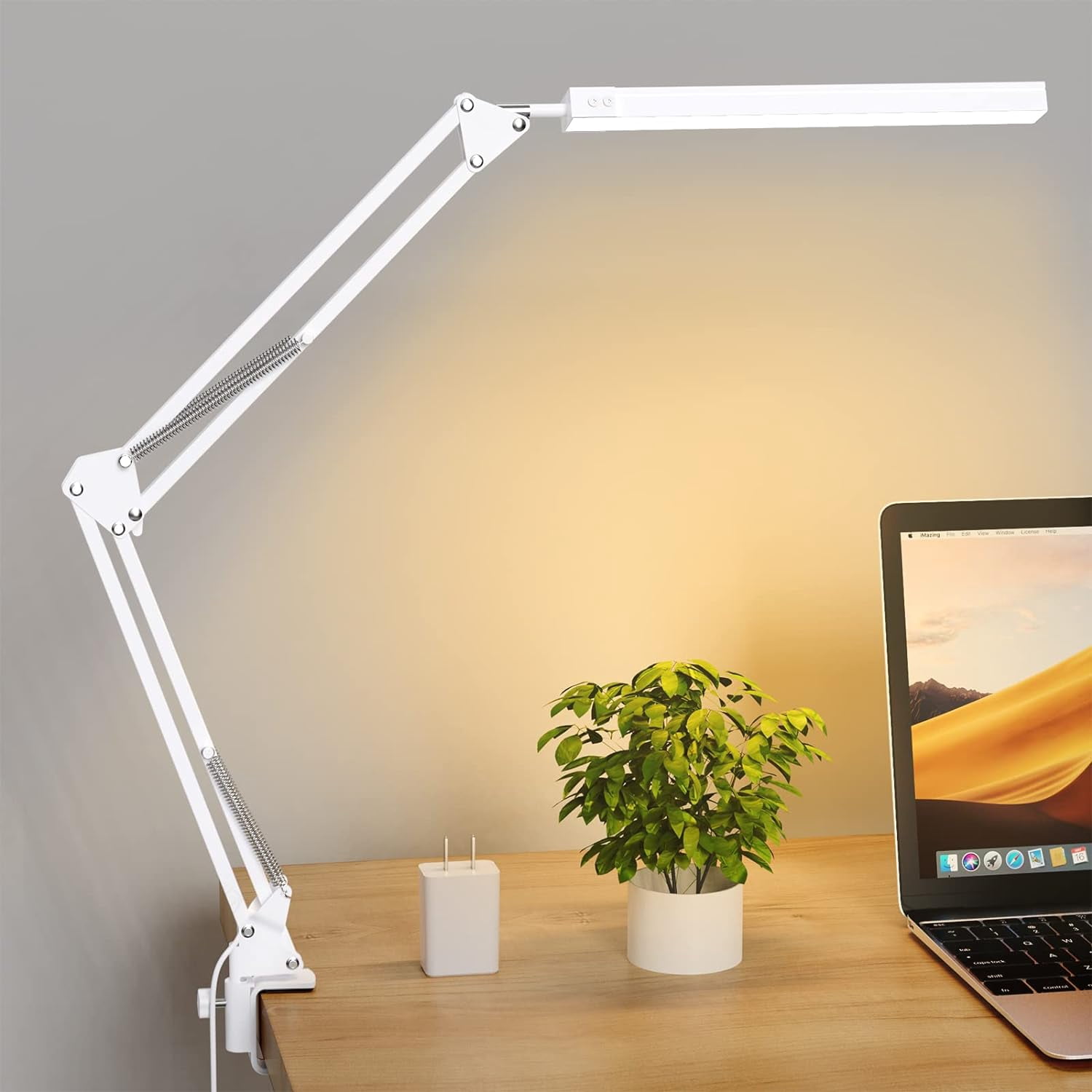 Jxr LED Desk Lamp, Swing arm Desk Light with clamp, 3 Lighting 10 Brightness Eye-Caring Modes, Reading Desk Lamps for Home Office 360 Degree Spin with USB Adapter & Memory Function