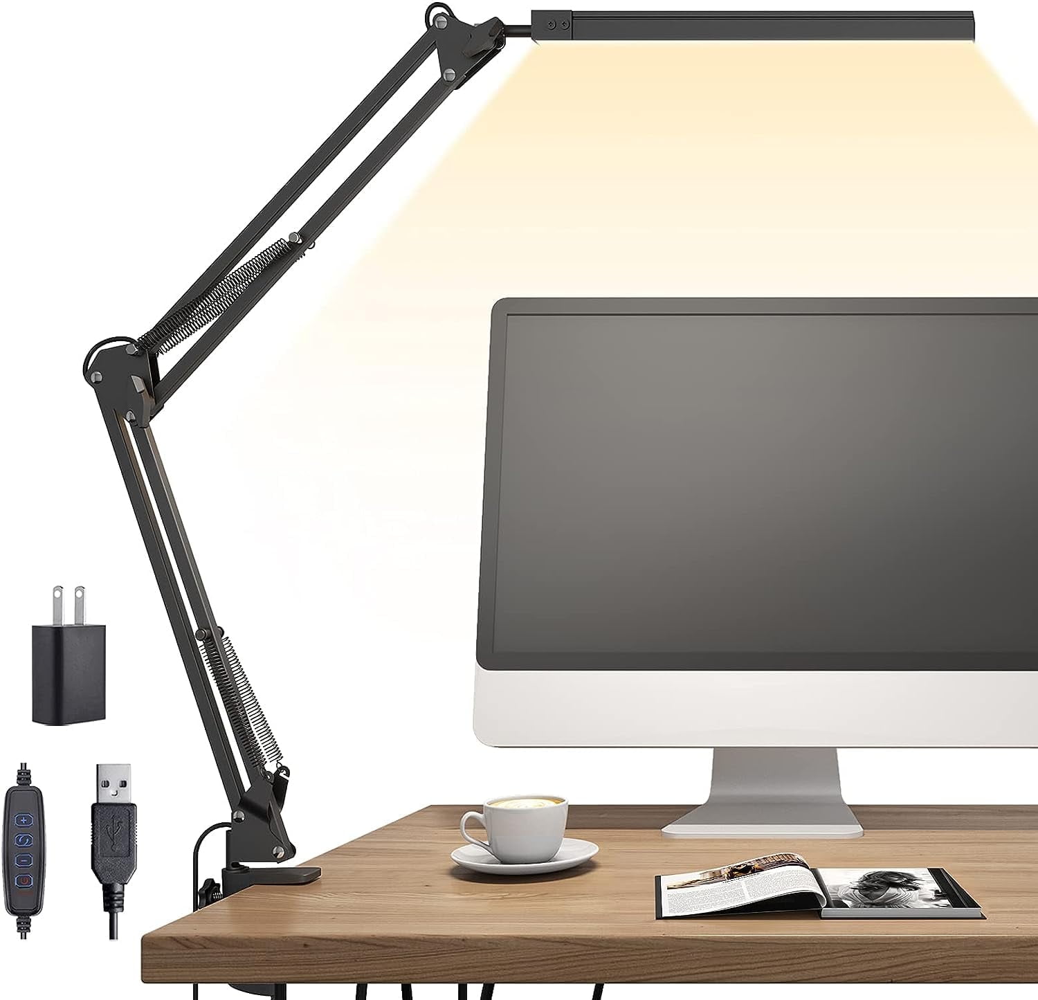 Jxr LED Desk Lamp, Swing arm Desk Light with clamp, 3 Lighting 10 Brightness Eye-Caring Modes, Reading Desk Lamps for Home Office 360 Degree Spin with USB Adapter & Memory Function