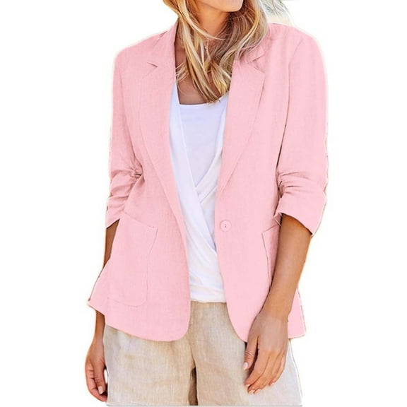Jxximdong Blazers for Women, Lightweight Business Casual Linen Jackets Plus Size Work One Button Suit Jackets with Pocket, Women's Coats Pink