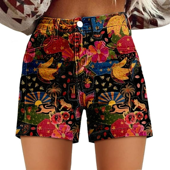 Jxximdong Boyfriend Jeans for Women, Casual High Waist Denim Shorts Relaxed Fit ArtRetro Printed Floral Shorts with Pockets, Red Women's Denim Pants
