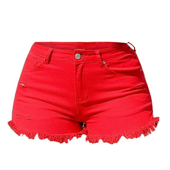 Jxximdong Boyfriend Jeans for Women, Spring/Summer Wash Vintage Worn Solid High Waist Beaded Edge Denim Shorts, Red Women's Denim Pants