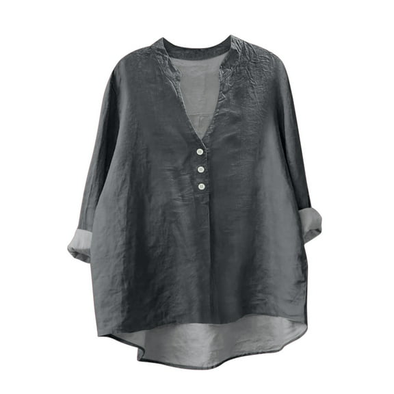 Jxximdong Button Down Shirts for Women, Plain Linen Shirts V Neck Cloths Long Sleeve Pockets Tshirt Trendy Casual Blouse Tops, Gray Women's Blouses