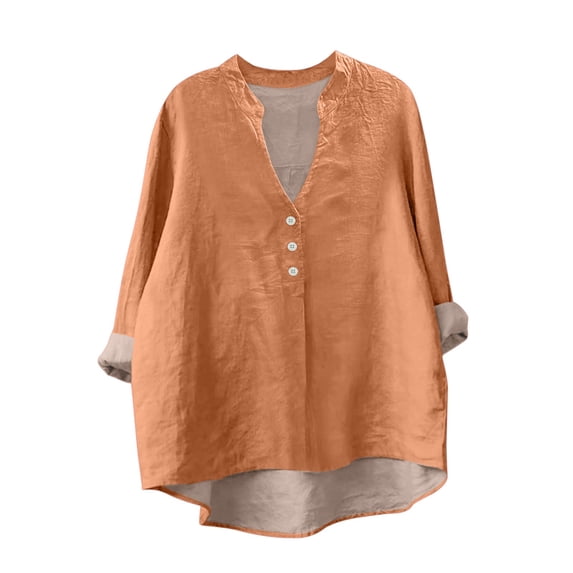 Jxximdong Button Down Shirts for Women, Plain Linen Shirts V Neck Cloths Long Sleeve Pockets Tshirt Trendy Casual Blouse Tops, Orange Women's Blouses