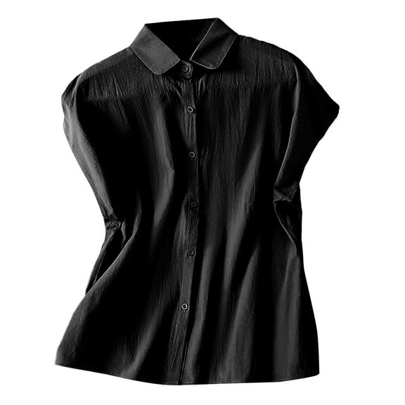 Jxximdong Button Down Shirts for Women, Pure Cotton Round Neck Loose Small Flying Sleeves Ladies Shirt, Black Women's Blouses